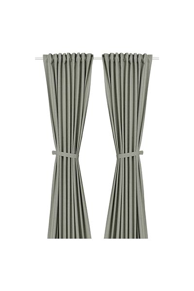 erorex Curtains with tie-backs, 1 pair, with heading tape/light grey-green, 140x300 cm