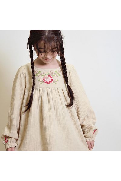 OZZY KİDS Girl's Cross Stitch Embroidered Muslin Fabric Dress
