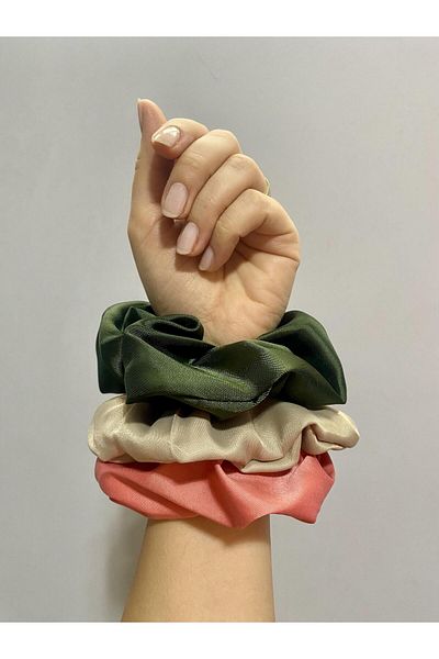 shiny ever Scrunchie din 3 piese cu cataramă elastică din satin, cremă de somon kaki