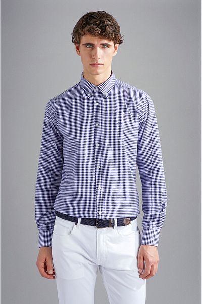 PAUL&SHARK Men's Oxford Cotton Slim Fit Long Sleeve White-Blue Shirt C0P3053-004
