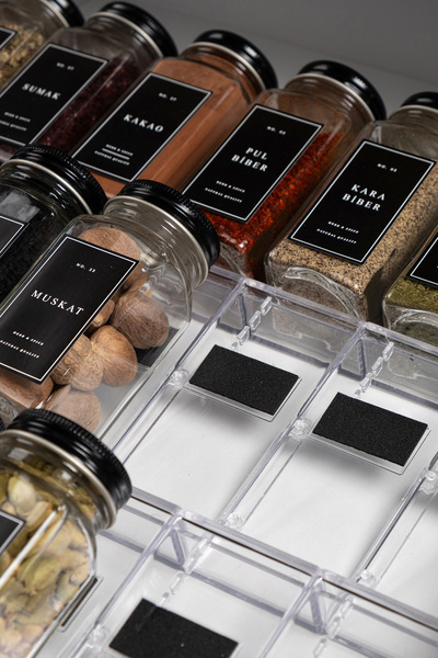 Mienda Home 12'li Şeffaf Kristal Plexi Standlı Cam Baharatlık Seti Siyah Kapa...