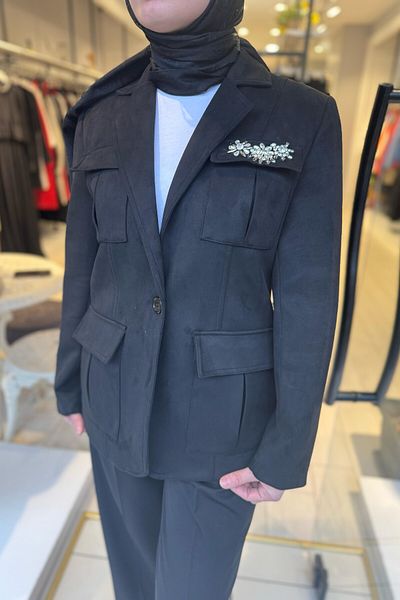 Unıquemode Uw 253015   Unique Suede Fabric Stone Embroidered Jacket