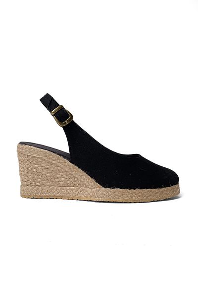 RABU Black Women's Closed Front Open Back Wedge Heels Straw Sole Round Toe Espadrille Sandals