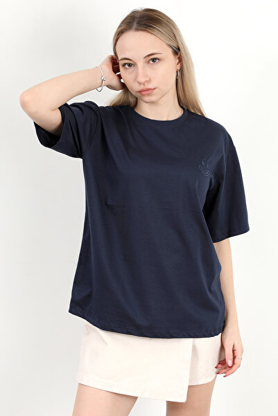 GİYSA Tricou din bumbac brodat Smile pentru damă, albastru bleumarin - 925018