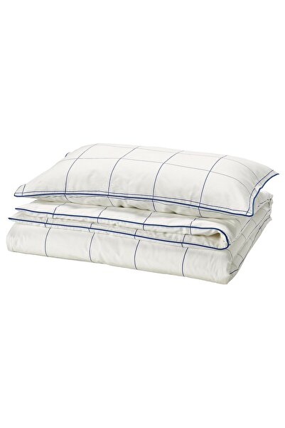 Generic Duvet cover and pillowcase, white blue/check, 150x200/50x80 cm