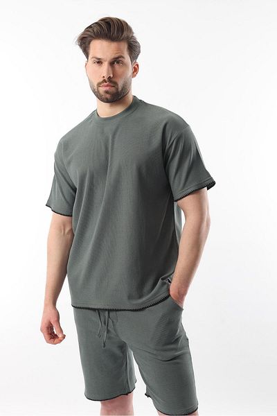 Madmext Χακί Κέντημα Λεπτομερές Ανδρικό Σορτς T-shirt Σετ E7305