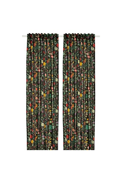 Generic Curtains, 1 pair, with heading tape/ black-green/floral pattern multi...
