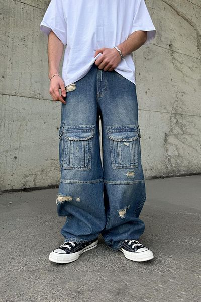 Flaw Wear Ripped Detail Blue Baggy Jeans with Cargo Pockets