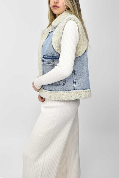 birizmoda Vestă de damă din denim albastru gheață cu blană în interior