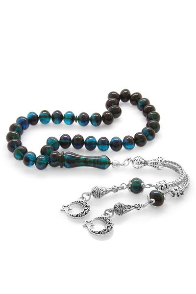 Tesbihane Non-Tarnish Metal Crescent Star Tasseled Wheel Cut Turquoise-black Fire Amber Prayer Beads