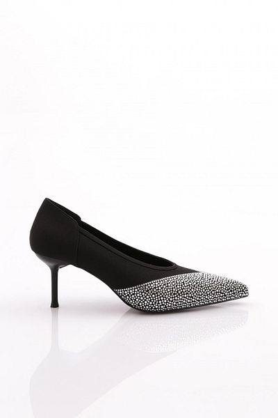 DGN Women's Pointed Toe Heeled Shoes Black Satin Silver Stone 28923557