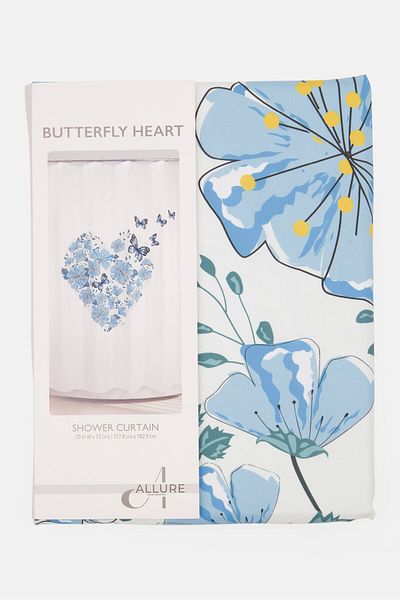 ALLURE Butterfly Heart Shower Curtain, Sky Blue Combo