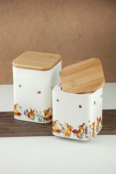 Bursa Porselen Dekor Rabbit 2 Sizes Vacuum Bamboo Lid Porcelain Spice Jar