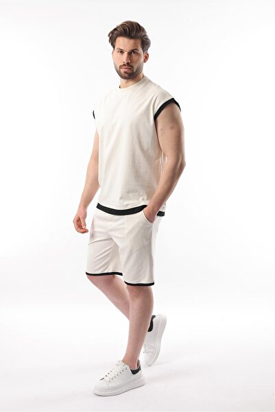 Madmext Ekru Sıfır Kol Erkek Şort T-shirt Takım E7308
