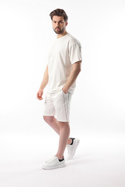 Madmext Ecru Overfit Printed Men's Shorts T-Shirt Suit E7302