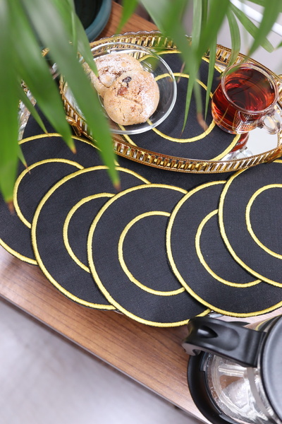 vipceyiz منديل تقديم جانبي أسود دائري ذهبي بني بصف مزدوج (6 قطع)