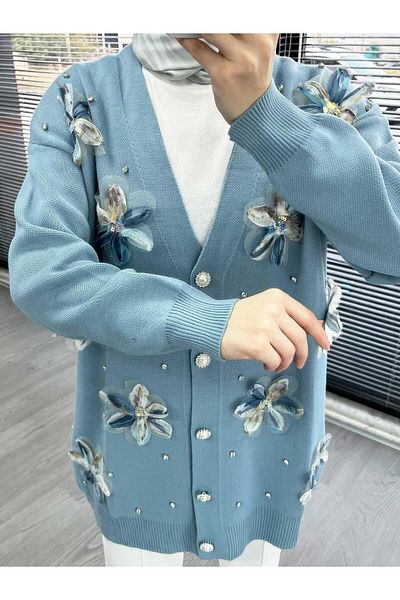MELEK ARAZ Cardigan de damă elegant albastru cu detalii florale
