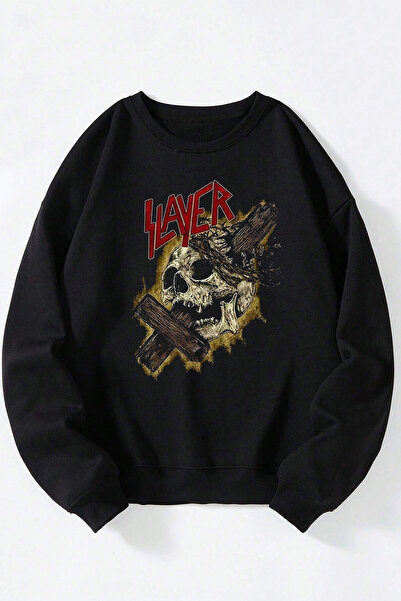 Anetos Sweatshirt unisex cu guler rotund Slayer Head negru din bumbac