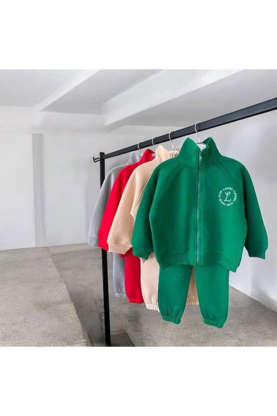 minibambi New Season Gray Club Slogan Lightweight Raised Bottom-Top Set - Zip-Up