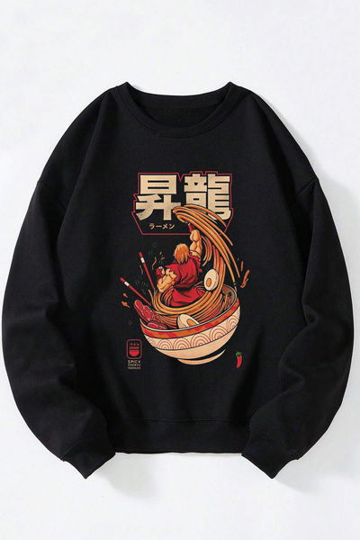 Anetos Ramen unisex negru guler rotund bumbac Swea tricou