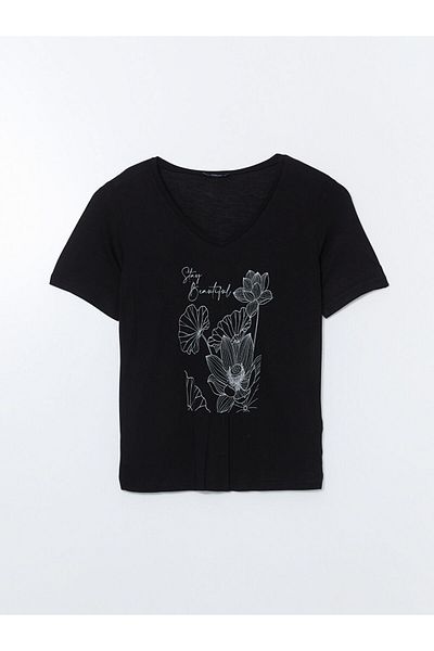 LC Waikiki Tricou cu flori pentru femei cu decolteu în V de sezon nou - S5KR11Z8