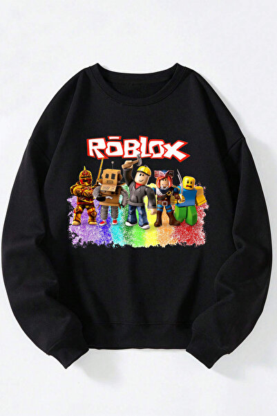 Anetos Sweatshirt unisex negru cu guler rotund din bumbac Roblox
