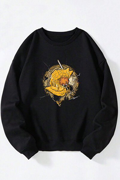 Anetos Φούτερ Demon Slayer Zenitsu Power Unisex Μαύρο Βαμβακερό με λαιμόκοψη