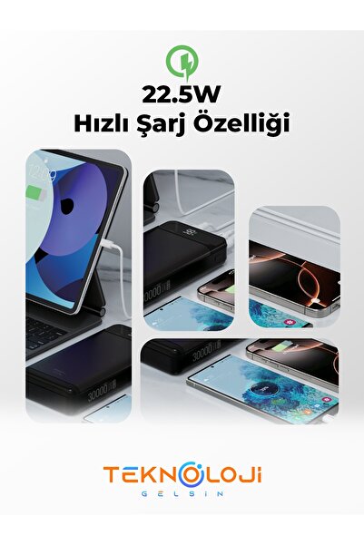 Teknoloji Gelsin Hızlı Şarj Özellikli Powerbank 30.000 mAh 22.5 W PD Kamp Işıklı Lcd Göstergeli Yeni Nesil Usb-C