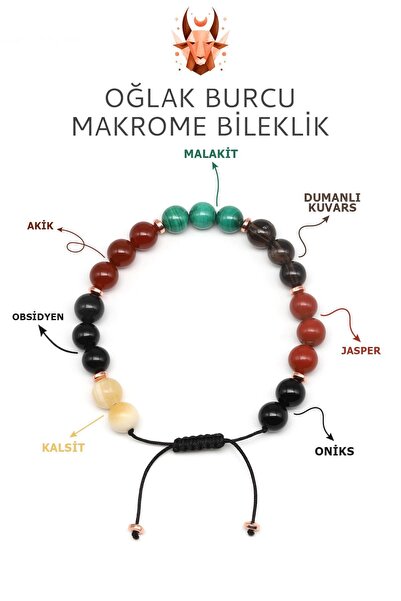 Alibaba Doğaltaş Oğlak Burcu Taşlarından Oluşan Doğal Taş Makrome Bileklik 8 mm Küre Kesim - Burç Bilekliği