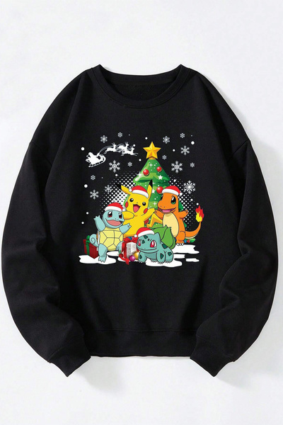 Anetos Pokemon Crăciun unisex negru guler rotund bumbac sweatshirt