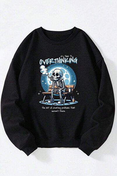 Anetos Overthınking Unisex Negru Guler Rotund Bumbac Sweatshirt