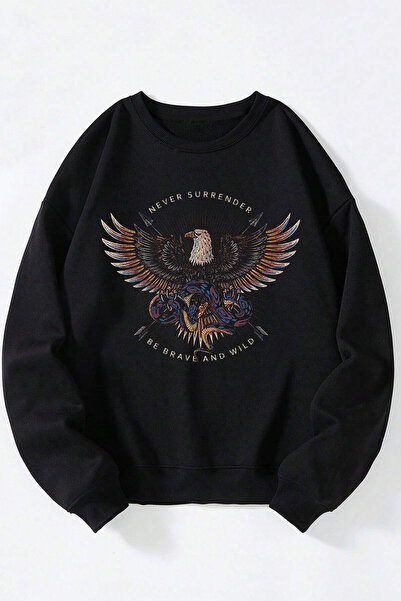 Anetos Never Surrender Eagle Unisex Negru Guler Rotund Bumbac Sweatshirt