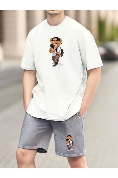 NO 601 Men's White Selfie Teddy Bear Printed T-Shirt Printed Gray Combed Cotton Short Set