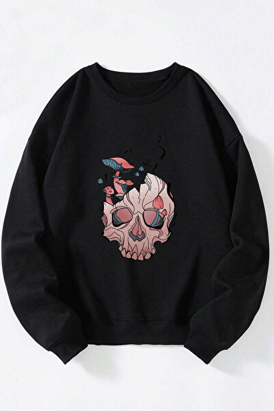 Anetos Head Mashroom unisex negru guler rotund bumbac pulover