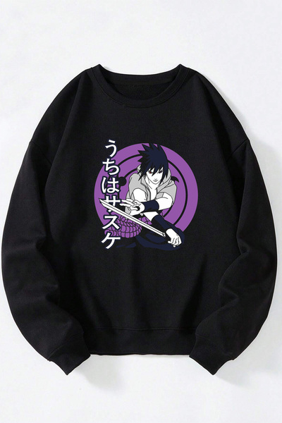 Anetos Sasuke Unisex Negru Guler Rotund Bumbac Sweatshirt