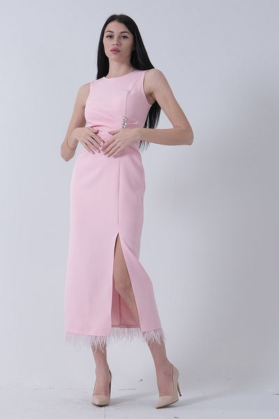 Feminist Front Stone Detailed Slit Feather Detailed Evening Dress Powder 9705402