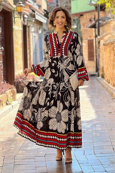 Nevin Kaya Moda Rochie neagră cu model Palermo, 100% bumbac