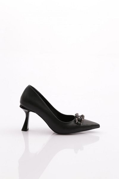 DGN M7046 Women's Black Pointed Toe Metal Buckle Heeled Shoes