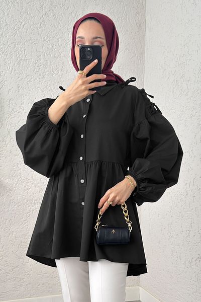 Salih Çelebi Lace Detailed Balloon Sleeve Tunic - Black