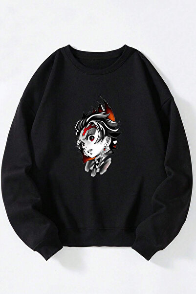 Anetos Demon Slayer Tanjiro Kamado Unisex Sweatshirt Bumbac Negru Cu Guler Ro...