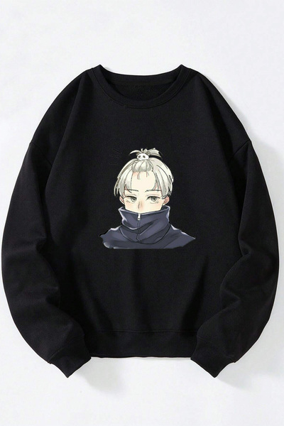 Anetos Inumaki Unisex Μαύρο Φούτερ από βαμβάκι με λαιμόκοψη