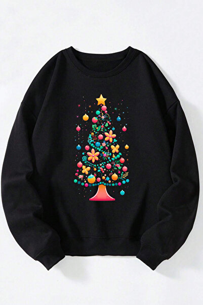 Anetos Коледна елха Унисекс Черна памучна блуза с обло деколте