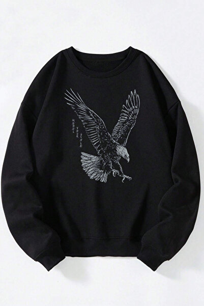 Anetos Eagle unisex negru guler rotund bumbac sweatshirt