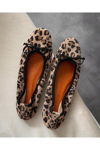 Zuum Balerini de damă din piele leopard bej Pekra - 100% piele naturală, cu șnur