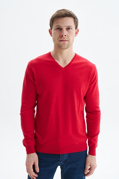 Arma Men's Red Slim Fit Basic V-Neck Knitwear Sweater K9Kro0852