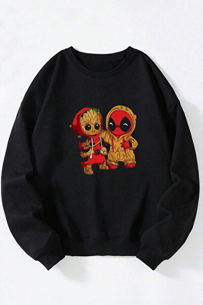 Anetos Costum unisex DeadPool și Groot, negru, guler rotund, bumbac, sweatshirt
