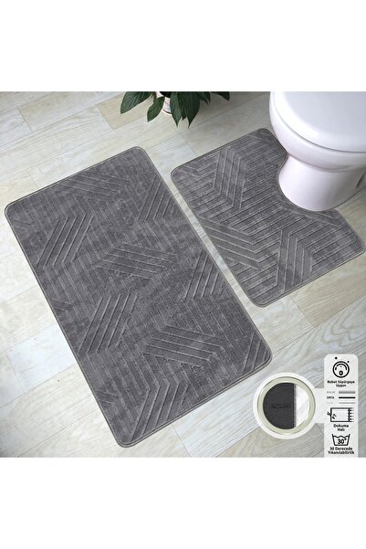 Plato Halı Akustik 2'li Set Premium Banyo Takımı 50x60 (Klozet) - 60x100 Klozet Takımı Gri