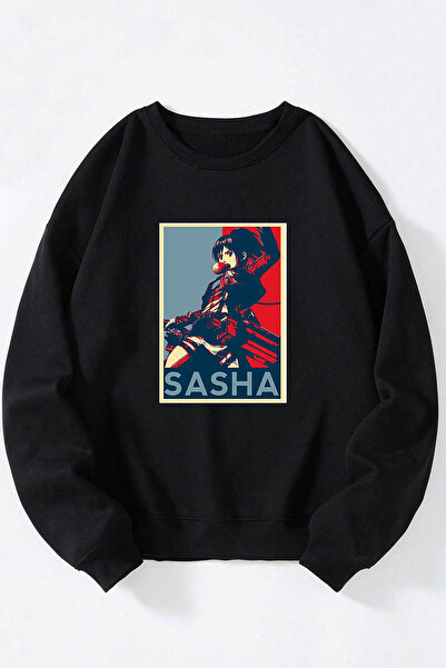 Anetos Sweatshirt unisex negru cu guler rotund din bumbac Sasha Poster