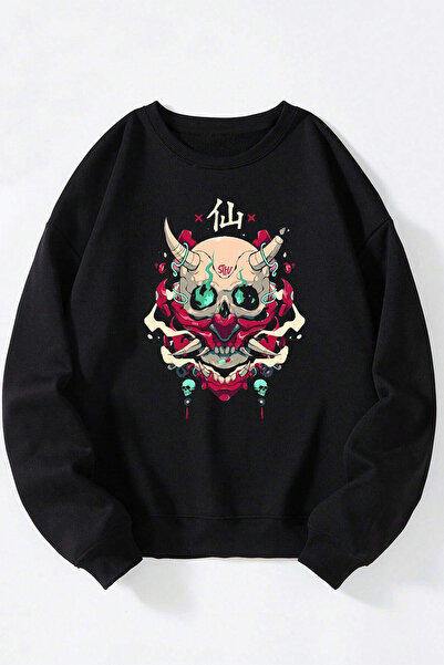 Anetos Fire Head Unisex Sweatshirt din bumbac cu guler rotund negru