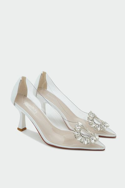 LamintaGlobal Mia White Transparent Stone Women's Heeled Shoes